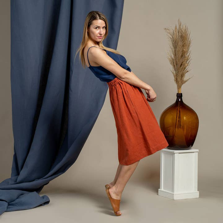 menique - Wholesale Skirt - Women's - Linen Midi Skirt Sophia - Casual Linen Skirt with Pockets