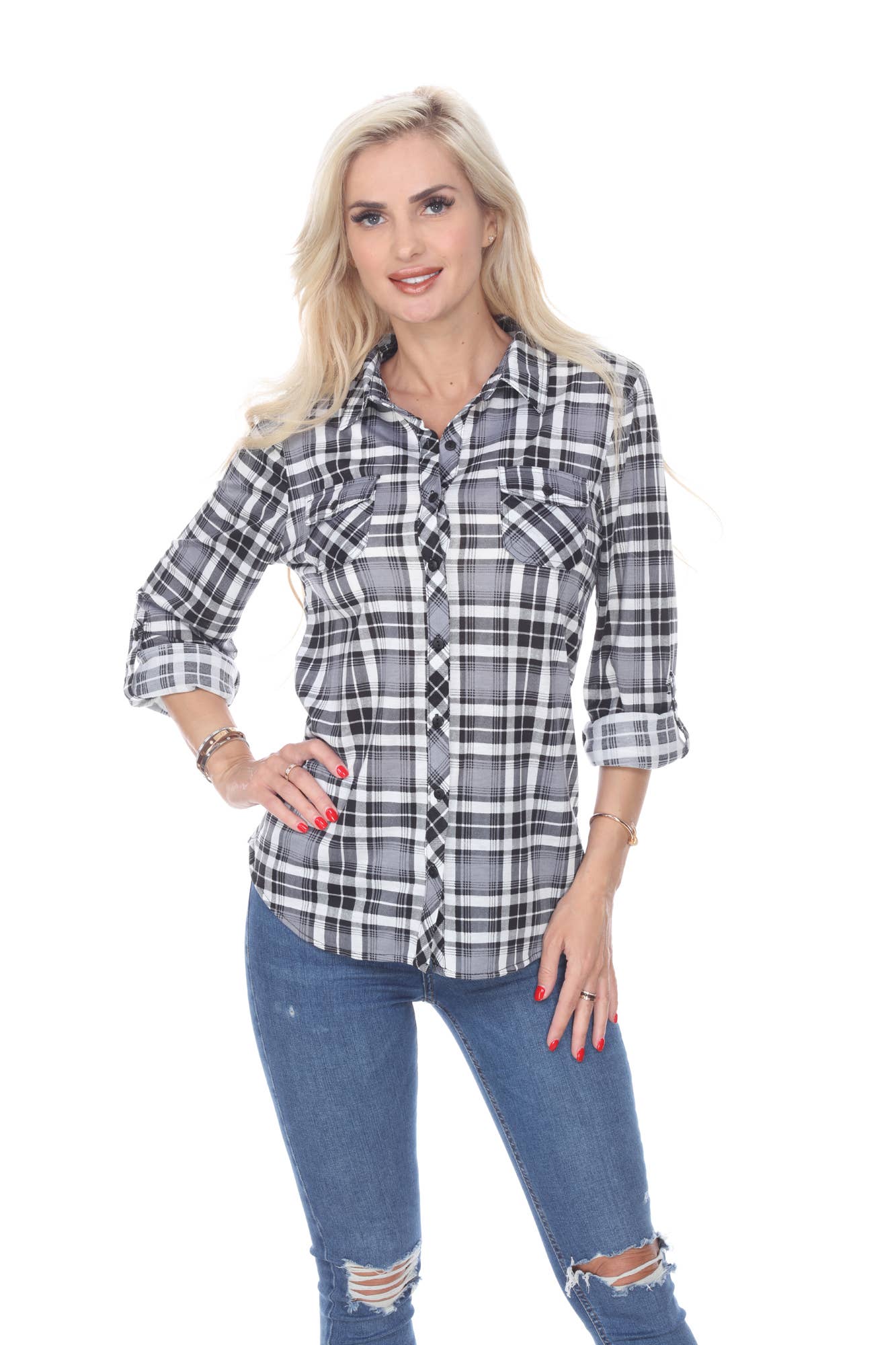 WHITE MARK - Wholesale Button Down Shirt - Women's - Oakley Stretchy Plaid Top1