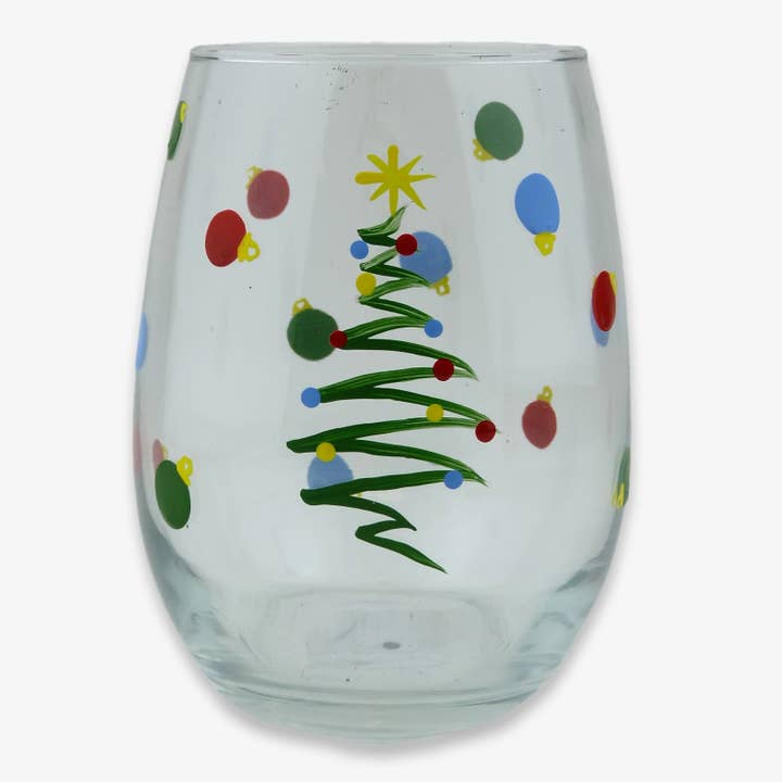 Christmas Tree Holiday Hand Painted Wine Glass Goblet - Disc for wholesale by Classy Art Designs, LLC