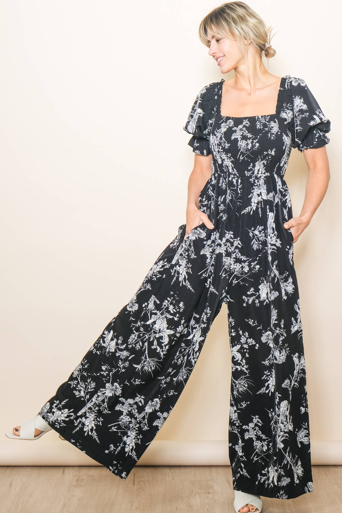 Elloh Collection - Wholesale Jumpsuit - Women's - Square Neck Puff Sleeve Wide Leg Antique Floral Jumper 0