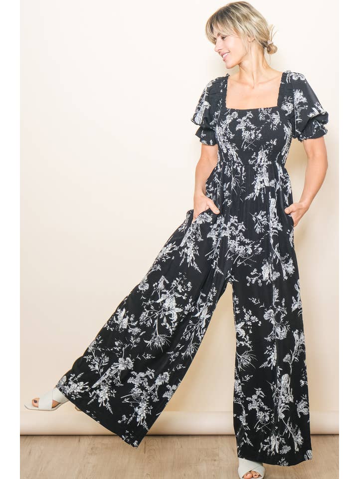 Elloh Collection - Wholesale Jumpsuit - Women's - Square Neck Puff Sleeve Wide Leg Antique Floral Jumper