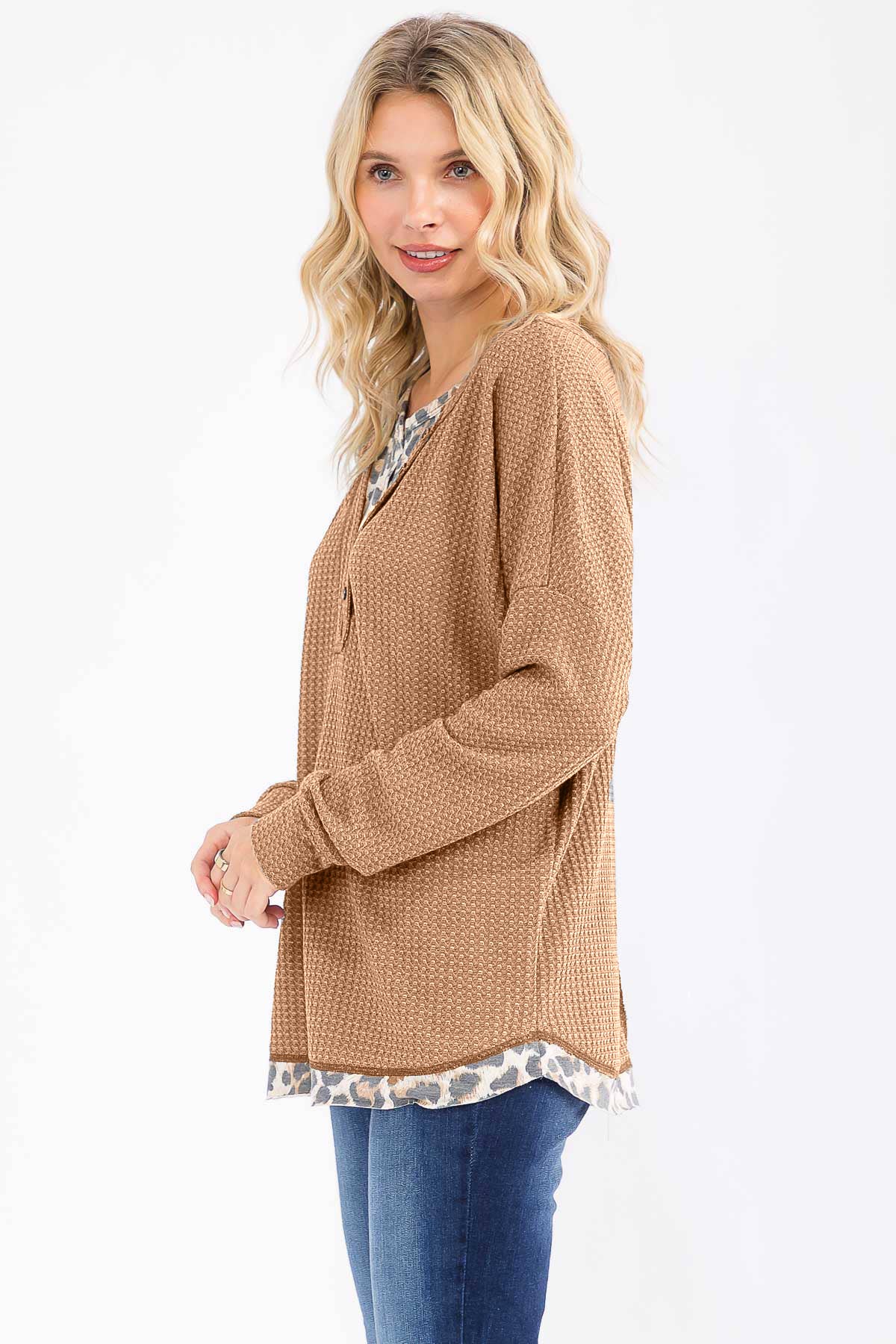 7th Ray - Wholesale Knit Top - Women's - Leopard Print Double layered Henley Top T607811