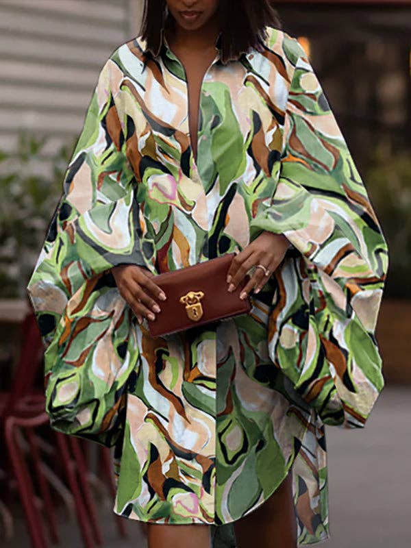 GREEN Long Sleeves Loose Buttoned Elasticity Printed Lapel Midi Dresses Shirt Dress for wholesale on Faire