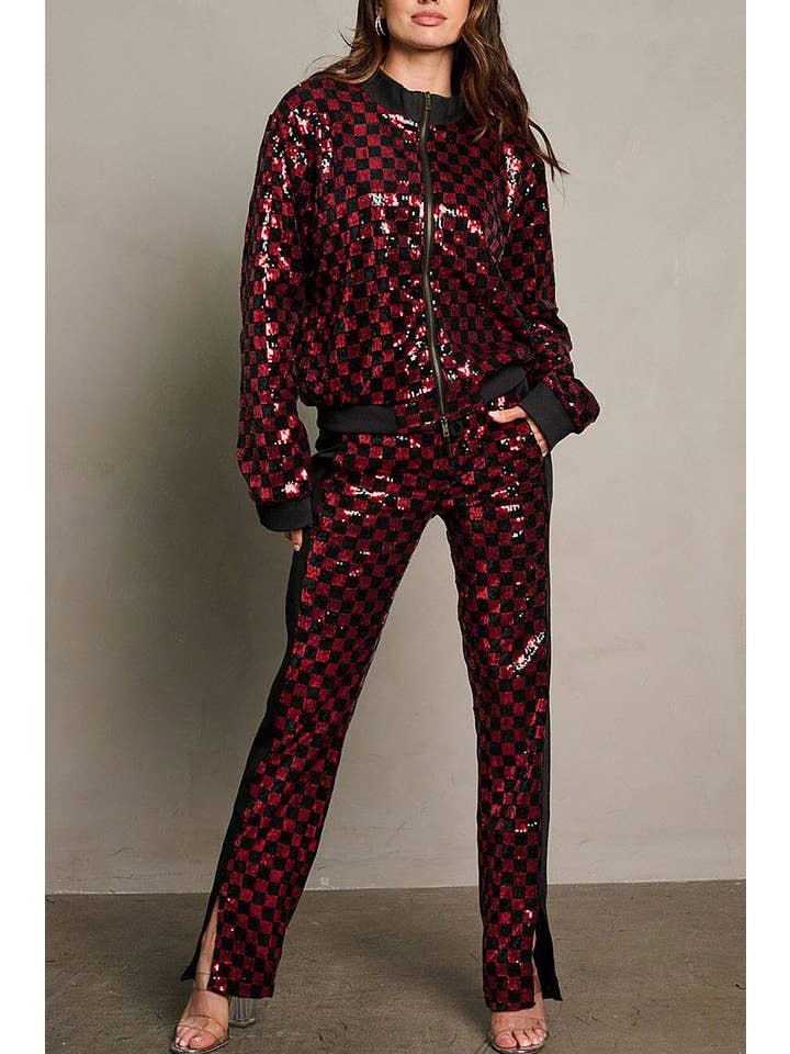 ROUSSEAU - Wholesale Top & Pant Set (NOT Loungewear) - Women's - LONG SLEEVE JACKET ELASTIC WAIST PANTS SEQUINS SET