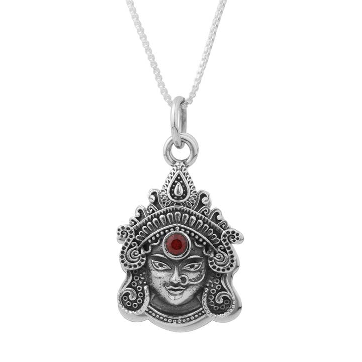 Goddess Durga Pendant in Silver with a Red Garnet for wholesale by Mantra4u