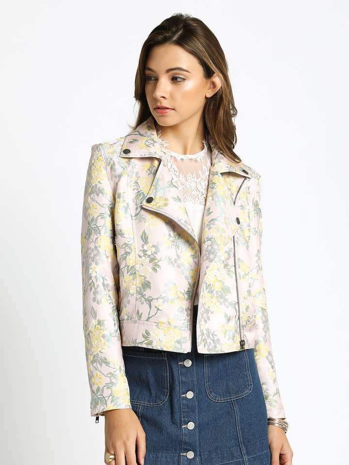 LYSERØD FLORAL BROCADE MOTO JAKKE - GSJ536 for engroshandel på Faire0