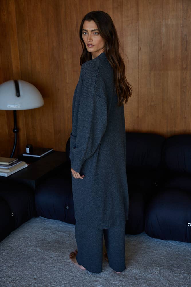 Charcoal W2242T2 | Knit Ribbed Open Front Long Sleeve Duster Cardigan for wholesale on Faire1