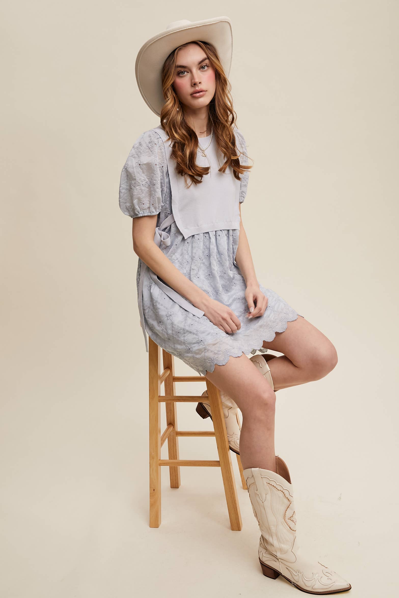 Listicle - Wholesale Dress - Women's - Embroidered Puff Sleeve Dress with Knit Vest25