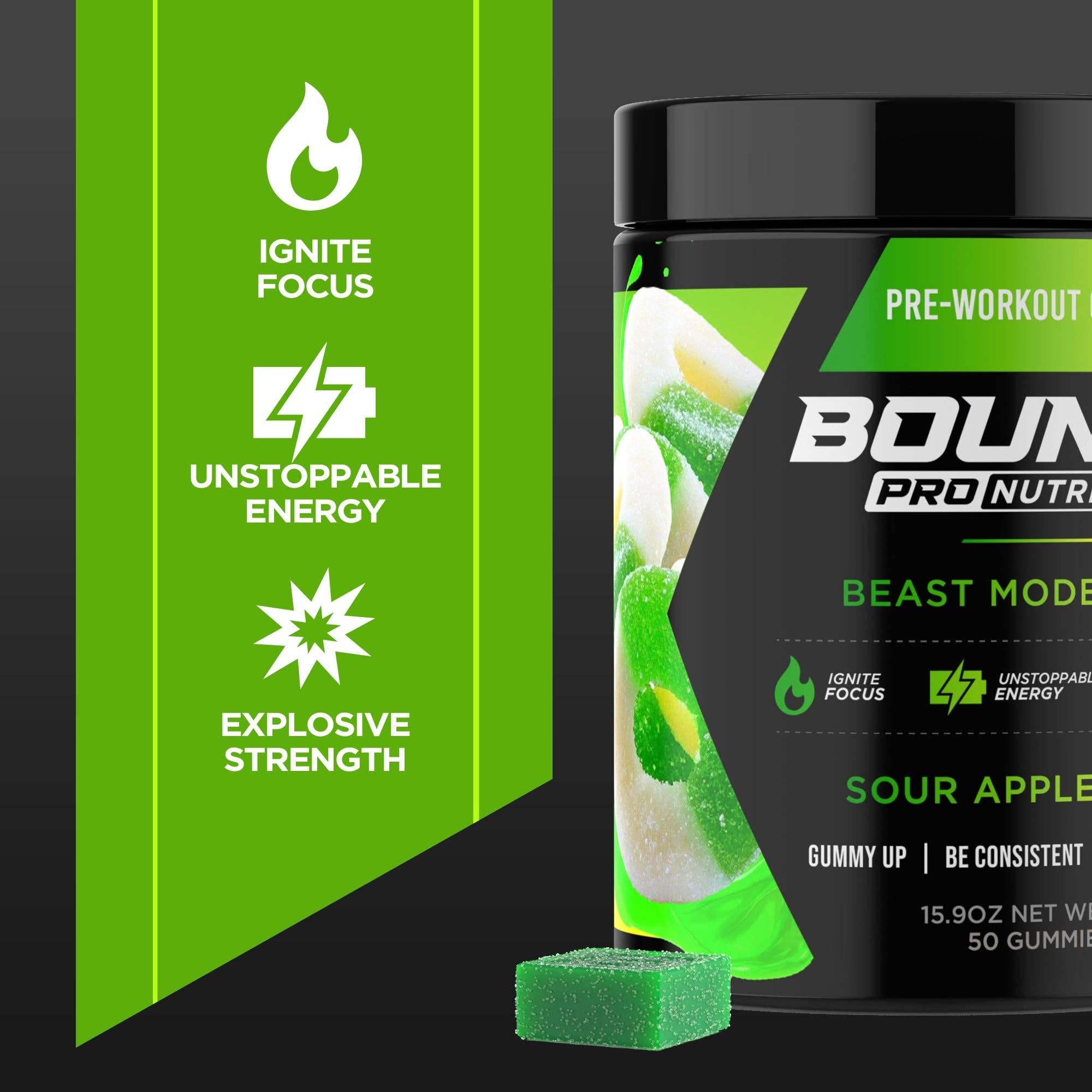 Bounce Nutrition – Großhandel Nahrungsergänzungsmittel/Vitamin zum Einnehmen – Gummies vor dem Training — Beast Mode — Sour Apple V26