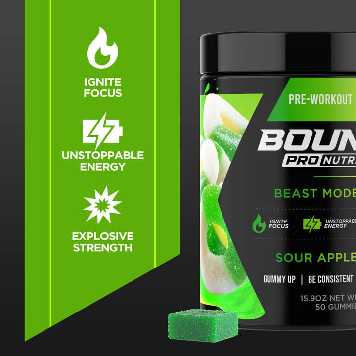 Bounce Nutrition - Vendita all'ingrosso Vitamine/integratori orali - Caramelle gommose pre-allenamento - Beast Mode - Sour Apple V26