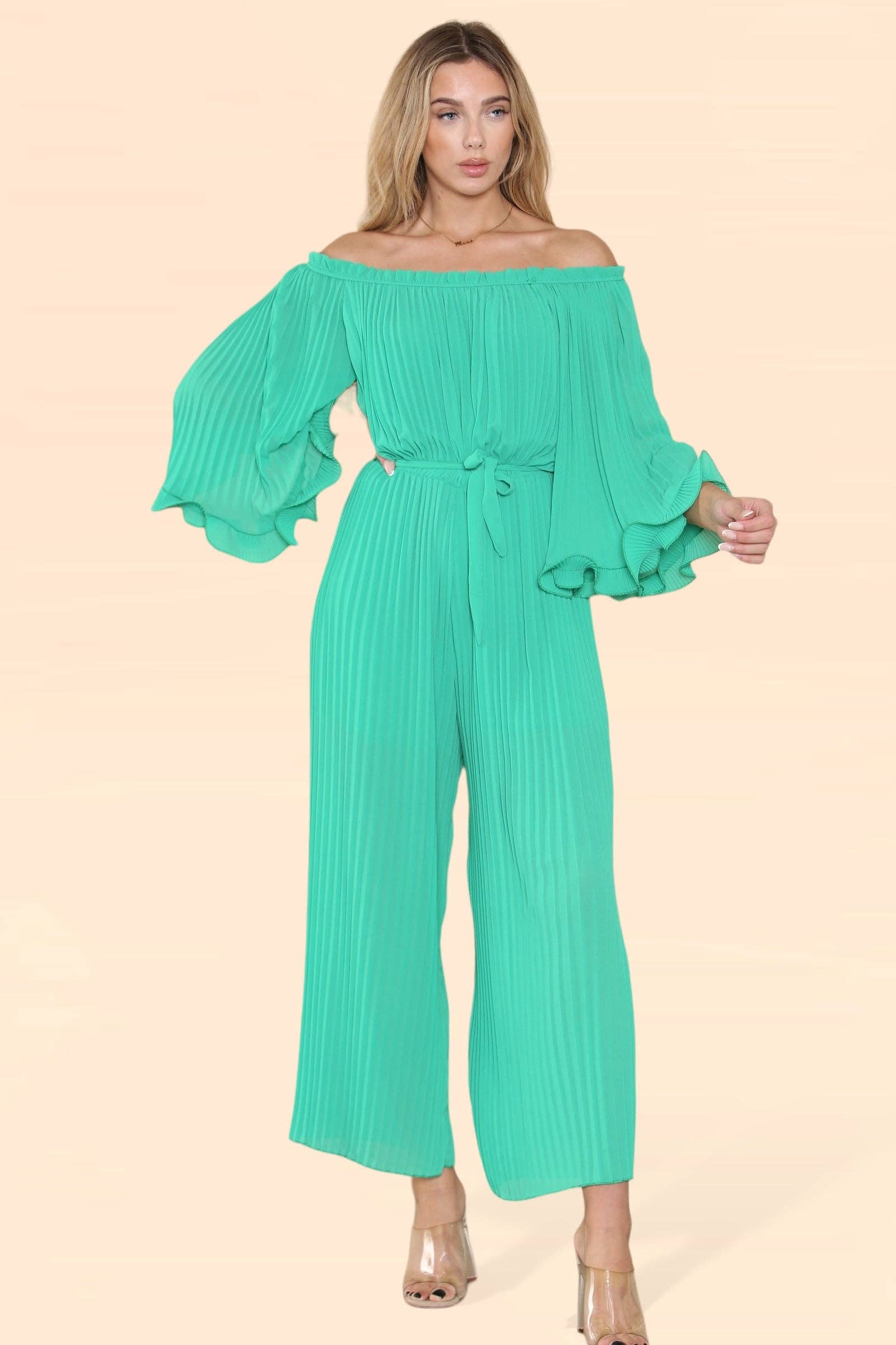 WHITE Sofia Bardot Pleated Frill Jumpsuit for wholesale on Faire15