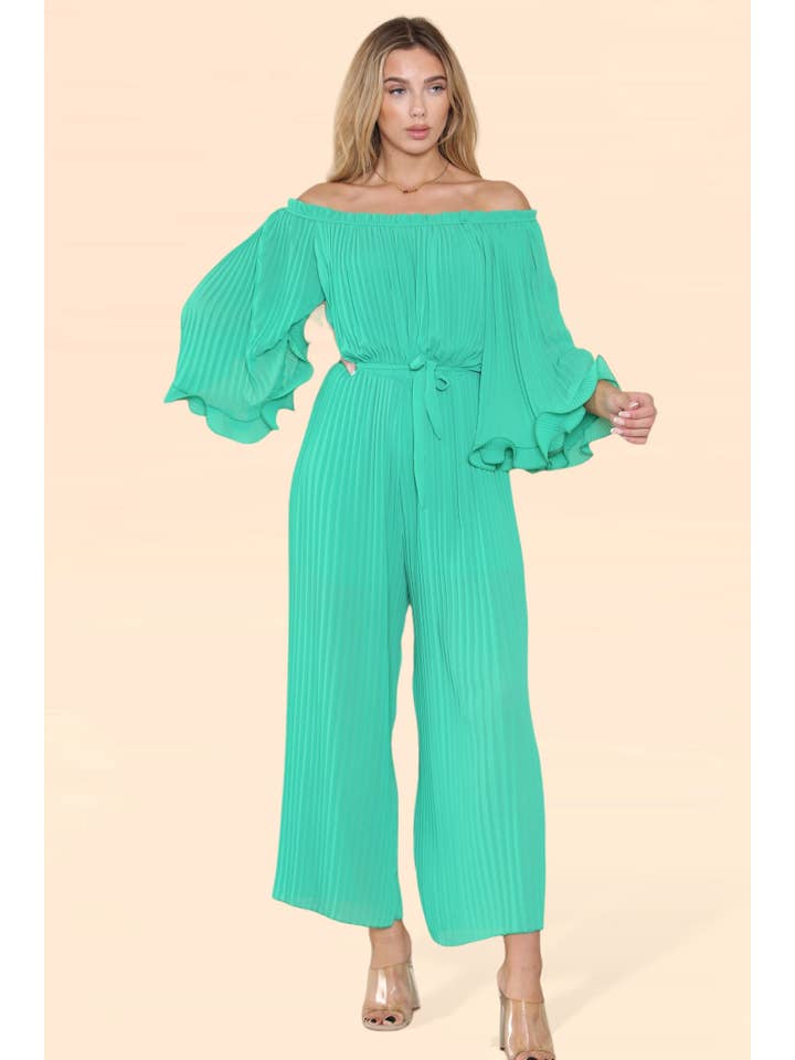 WHITE Sofia Bardot Pleated Frill Jumpsuit for wholesale on Faire15