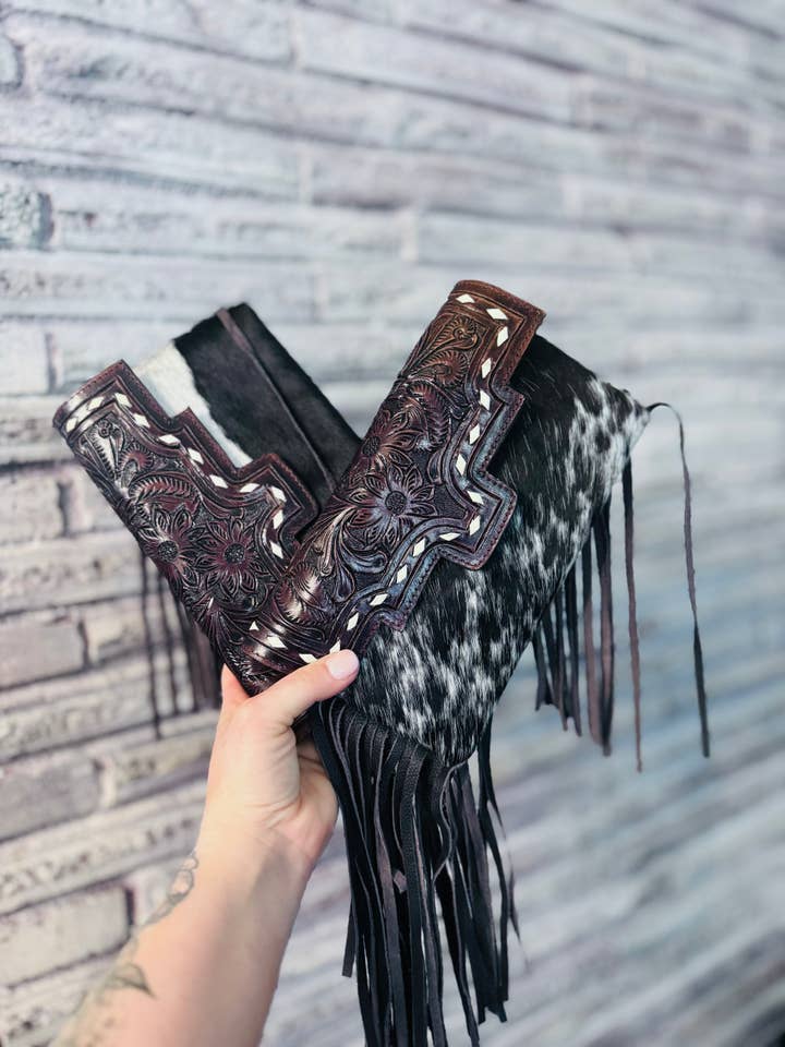 Tooled cowhide clutch w/fringe for wholesale by FRINGE & LUXE
