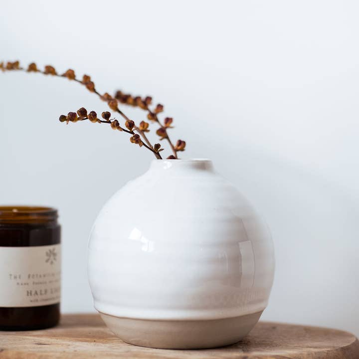 Round Vase White Reactive Glaze With Ripple Detail for wholesale by Rose Brown Interiors