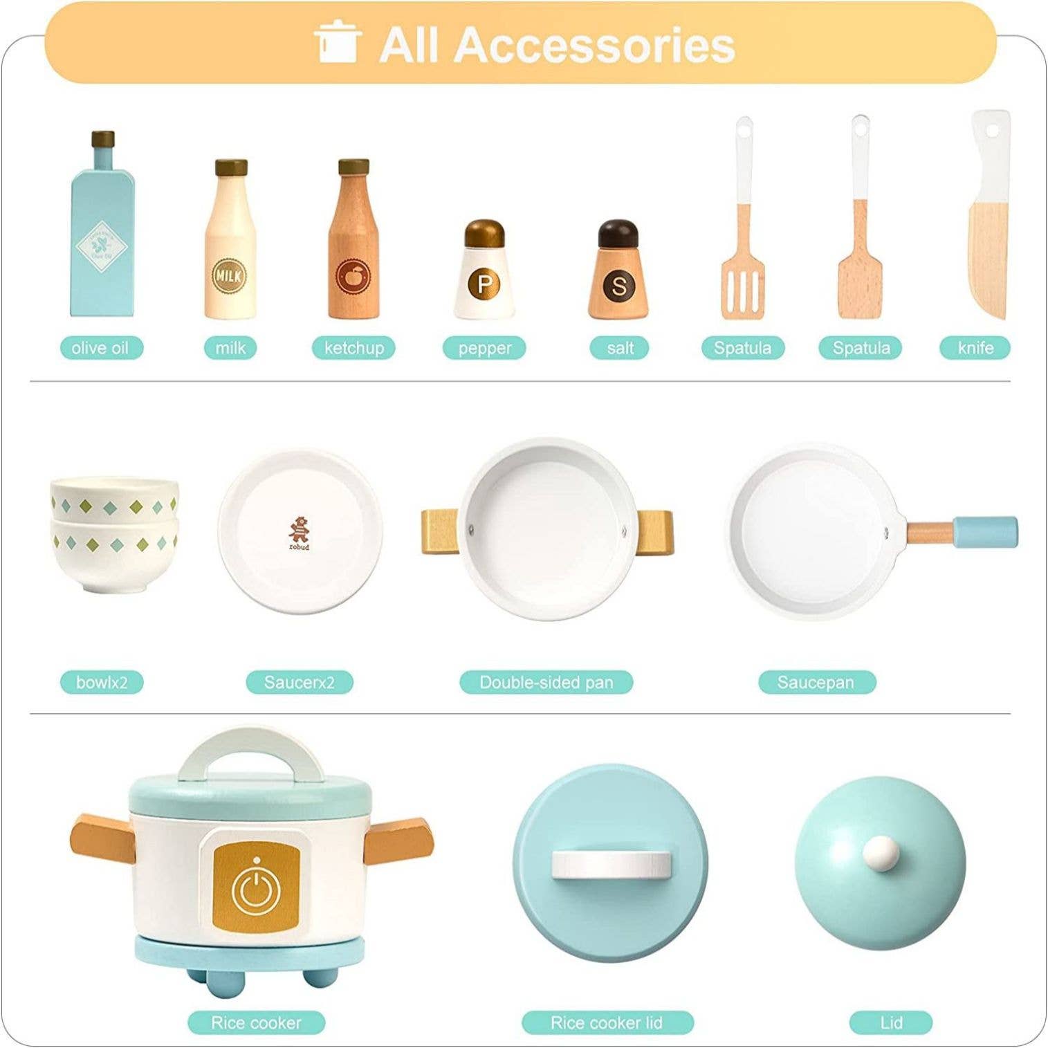 Robud & Mewoofun Official Store – Conjunto de brinquedos - Crianças por atacado – Robud Conjunto Grande de Cozinha de Brinquedo de Madeira para Crianças4