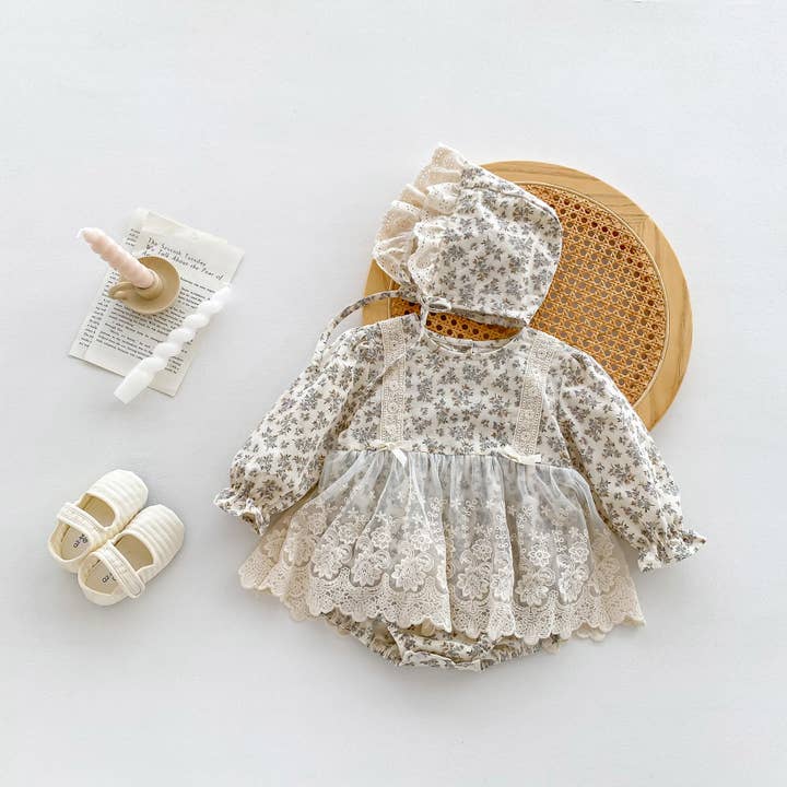 Beige New Arrival Baby Floral Princess Onesie Dress For Girls With Lace for wholesale on Faire