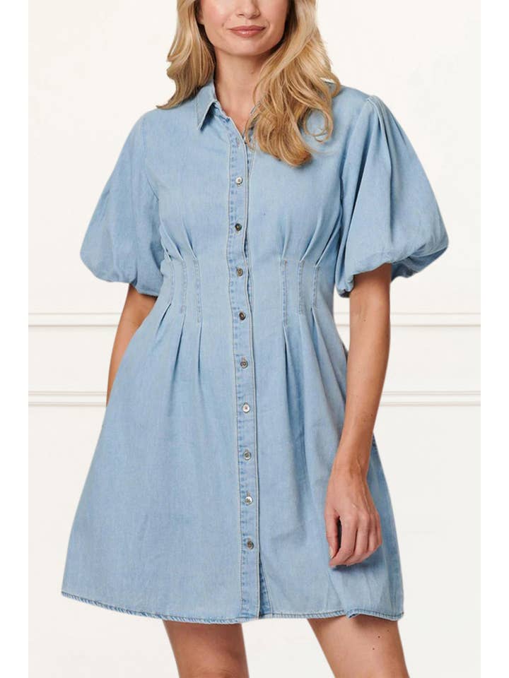 Blue Viviane Soft Wash Denim Shirt Dress Short Sleeve for wholesale on Faire