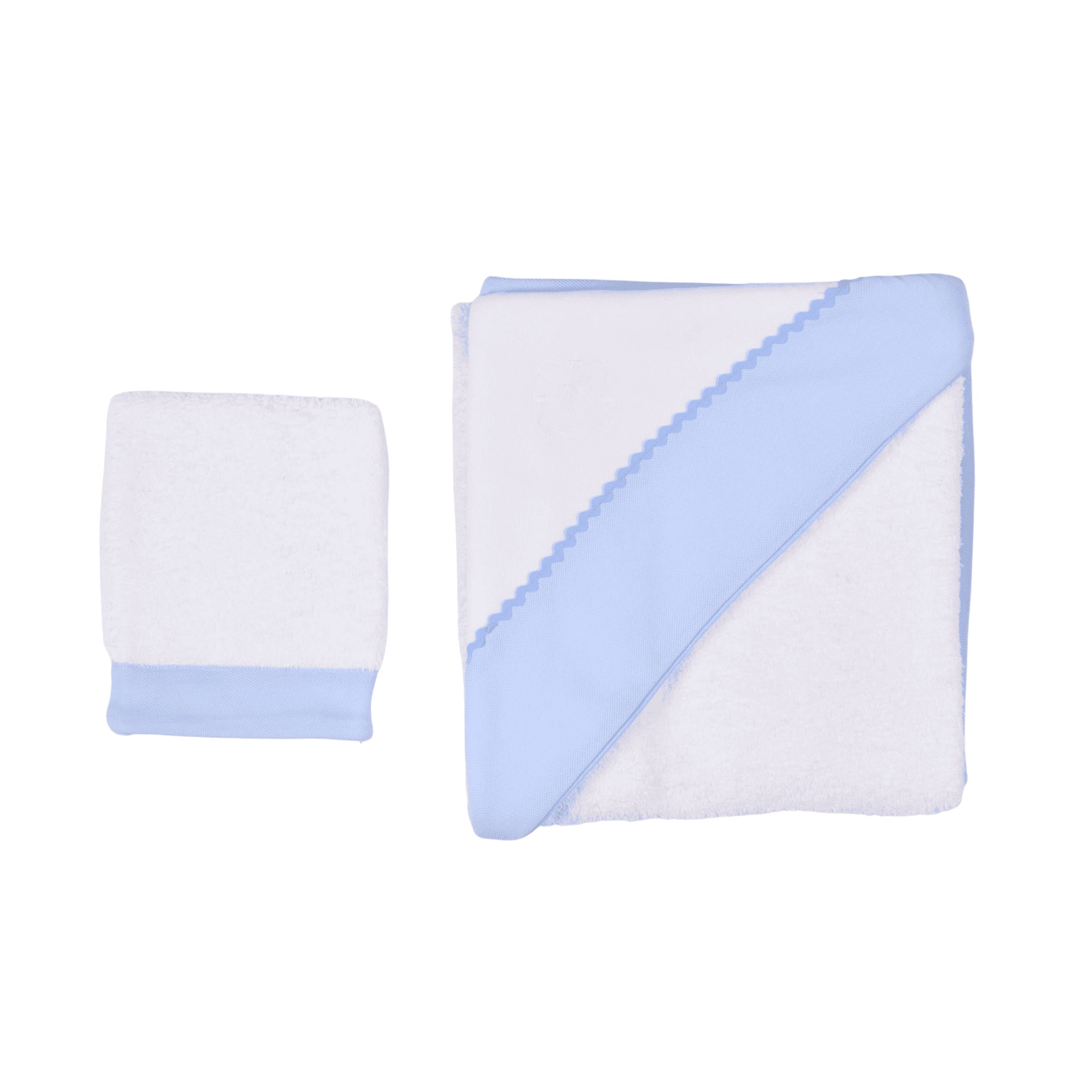 Bebe Sweeny - Wholesale Towel Set - PETIT MARIN | White & Blue Hooded Towel & Washcloth (2)
