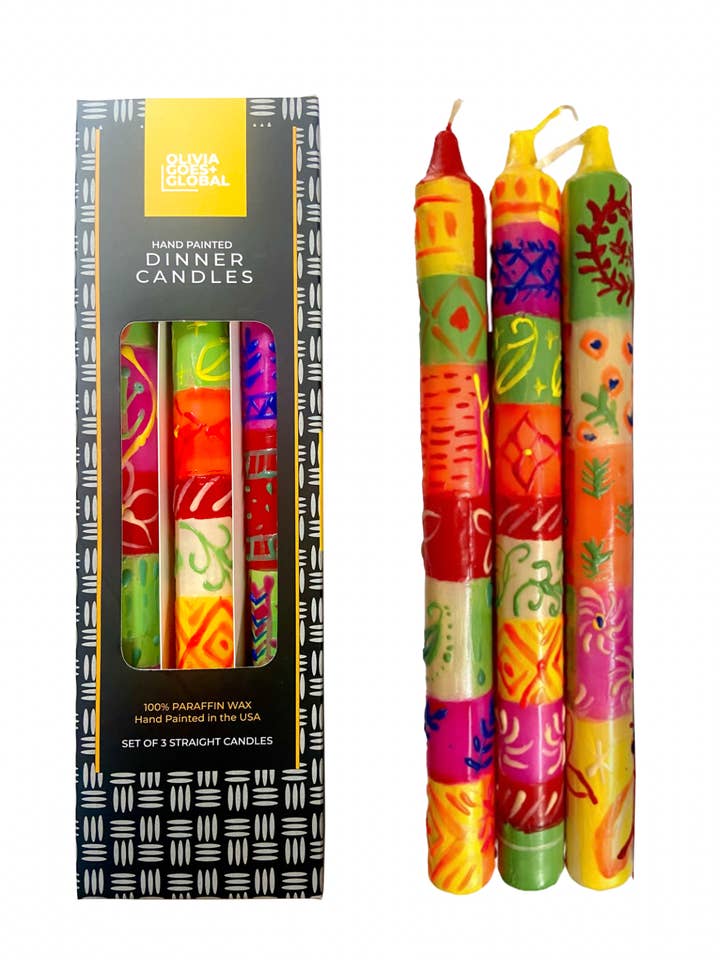 Juego de 3 velas cónicas Kantha Dinner coloridas pintadas a mano para venta al por mayor de Averfelt
