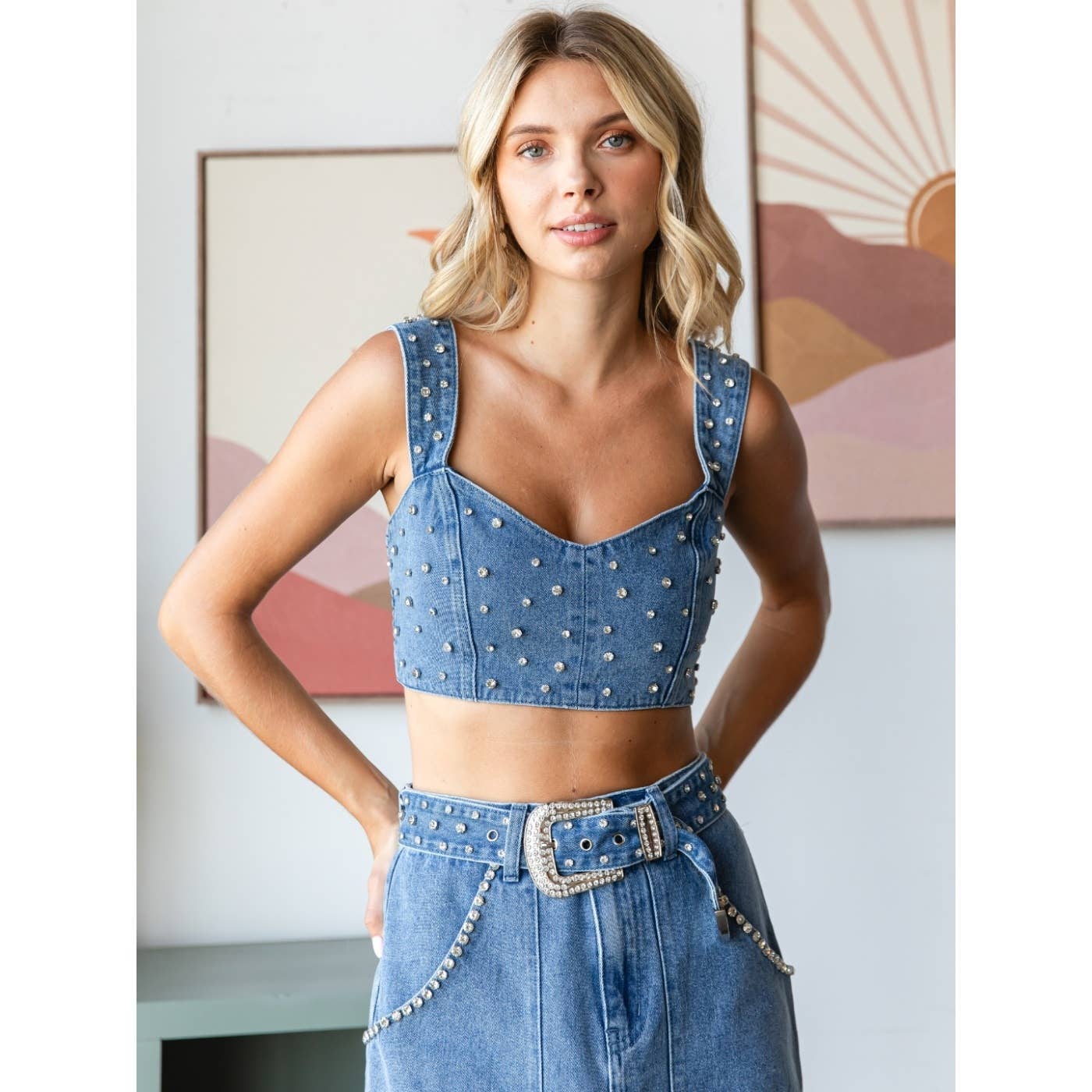 Med Wash Rhinestone Belt Denim Tank Top for wholesale on Faire1