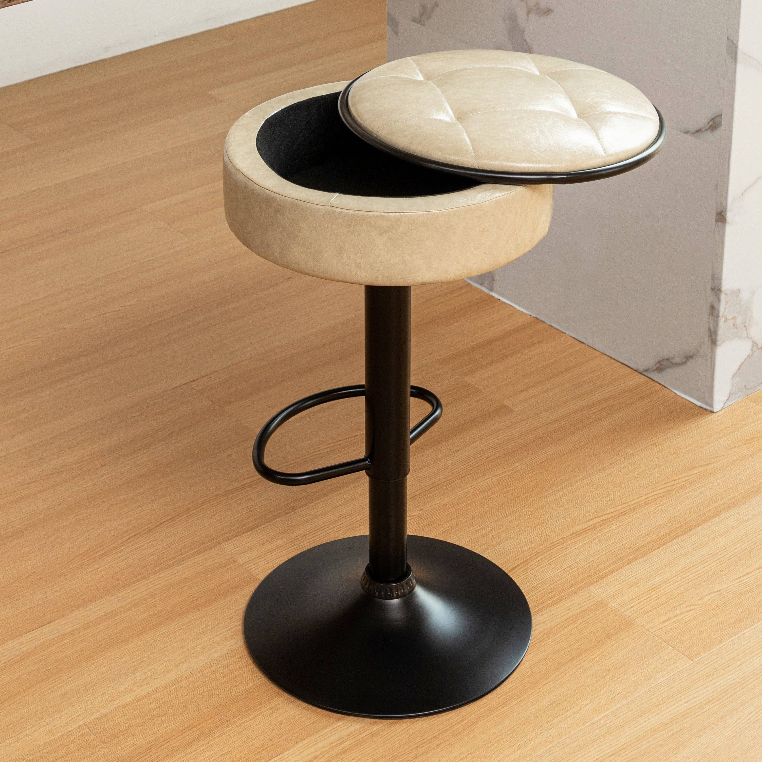 Orange County Decor - Wholesale Stool - Round Storage Bar Stool Set Of 2, Khaki Faux Leather Height Adjustable Barstool, 360 Counter Height Swivel Stool, Armless Bar Chair With Metal Frame For Kitchen Counter Dining Living Room Khaki Set36