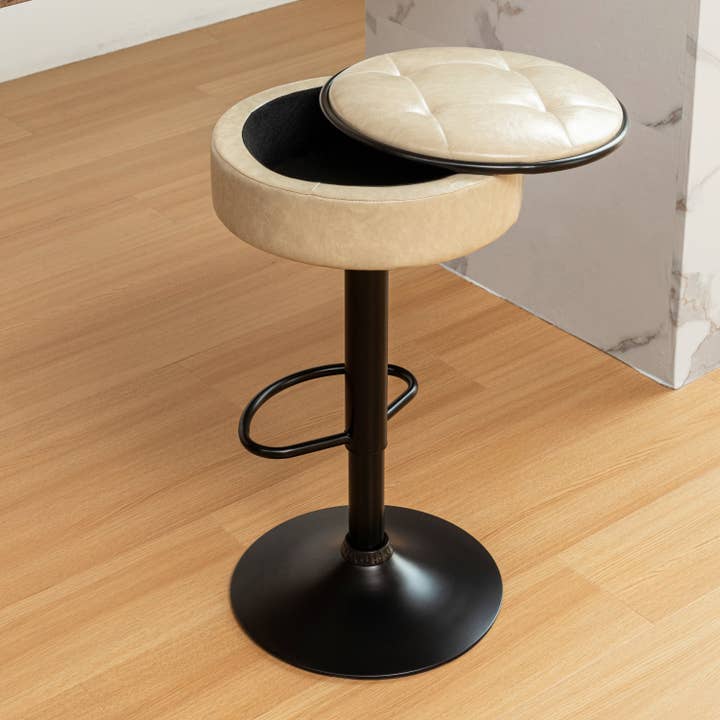 Orange County Decor - Wholesale Stool - Round Storage Bar Stool Set Of 2, Khaki Faux Leather Height Adjustable Barstool, 360 Counter Height Swivel Stool, Armless Bar Chair With Metal Frame For Kitchen Counter Dining Living Room Khaki Set36