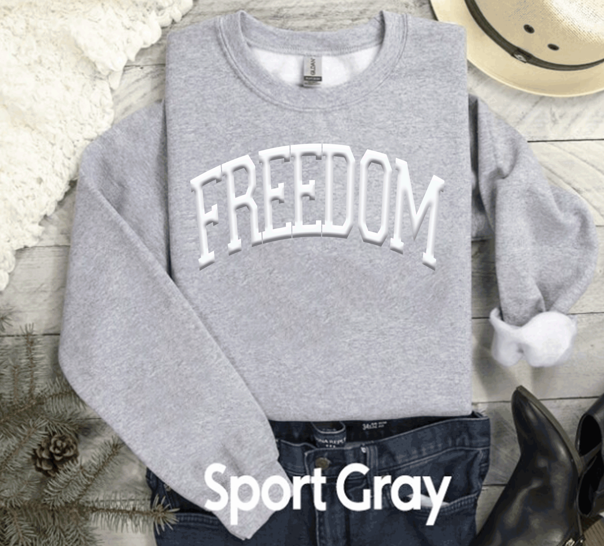 A Blessed Texas Mess Boutique - Wholesale Graphic Sweatshirt - Women's - PUFF 3-D Charlie Kirk Freedom Sweatshirt Red White Blue3