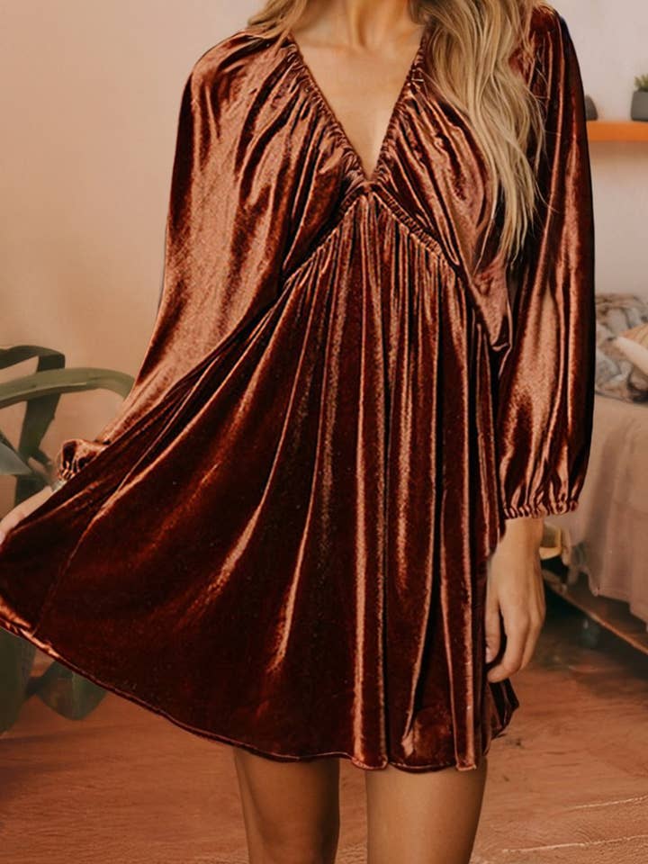 LDC Elastic V Neck Puff Sleeve Short Velvet Dress for wholesale by Little Daisy Closet