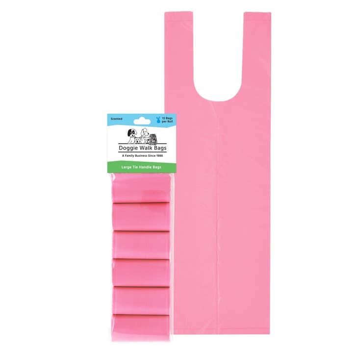 Doggie Walk Bags - Wholesale Pet Poop Bag - 6 Roll Pink Tie Handle Dog Poop Bags, 72 Count