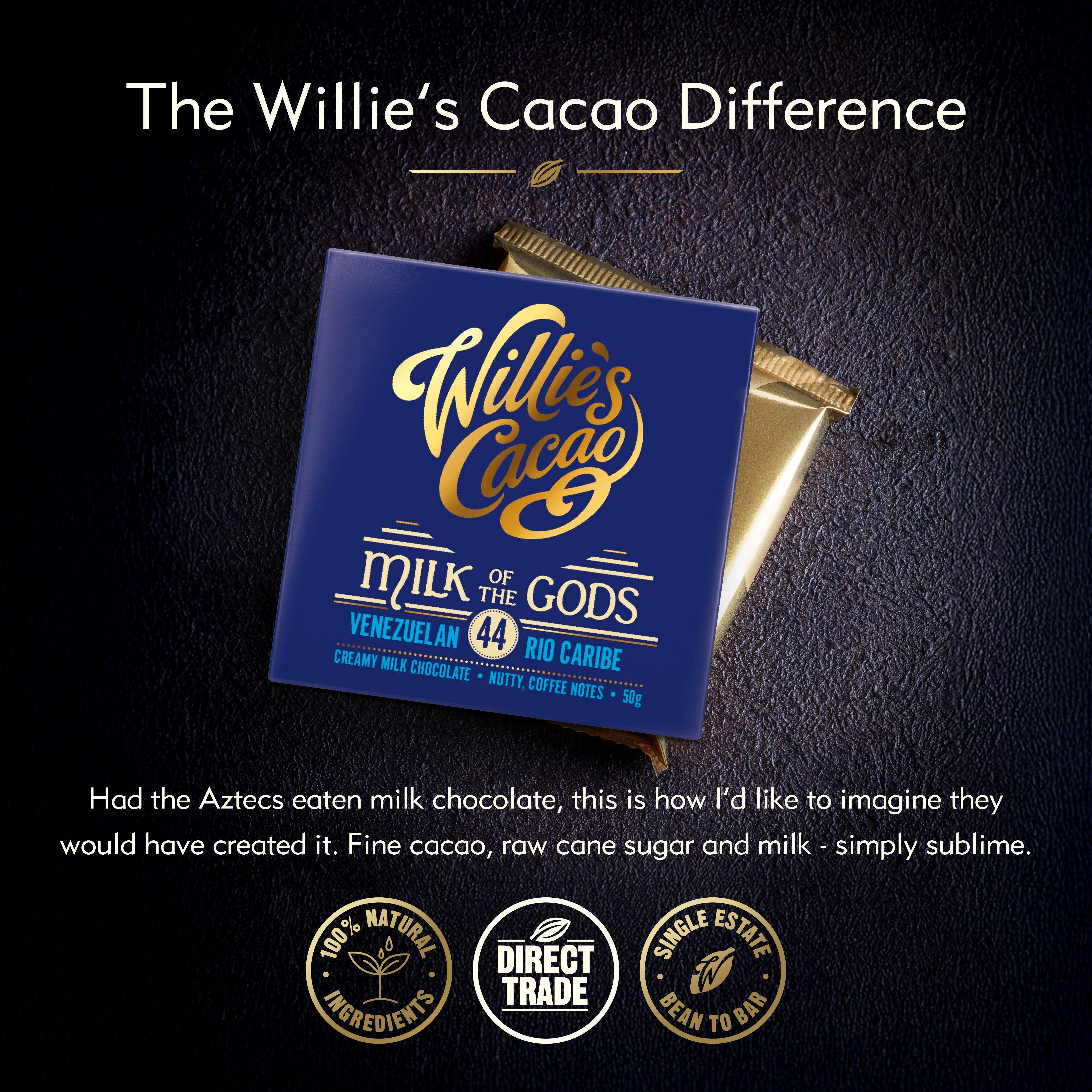 Willie's Cacao - Venta al por mayor Chocolate - La leche de los dioses. Chocolate con leche al 44% Río Caribe. Barra de 50 g1