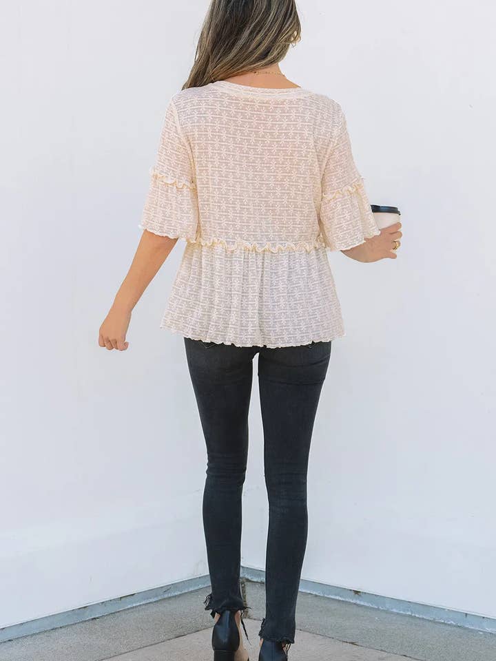 Beige Solid Color Textured Ruffled Short Sleeve Blouse for wholesale on Faire