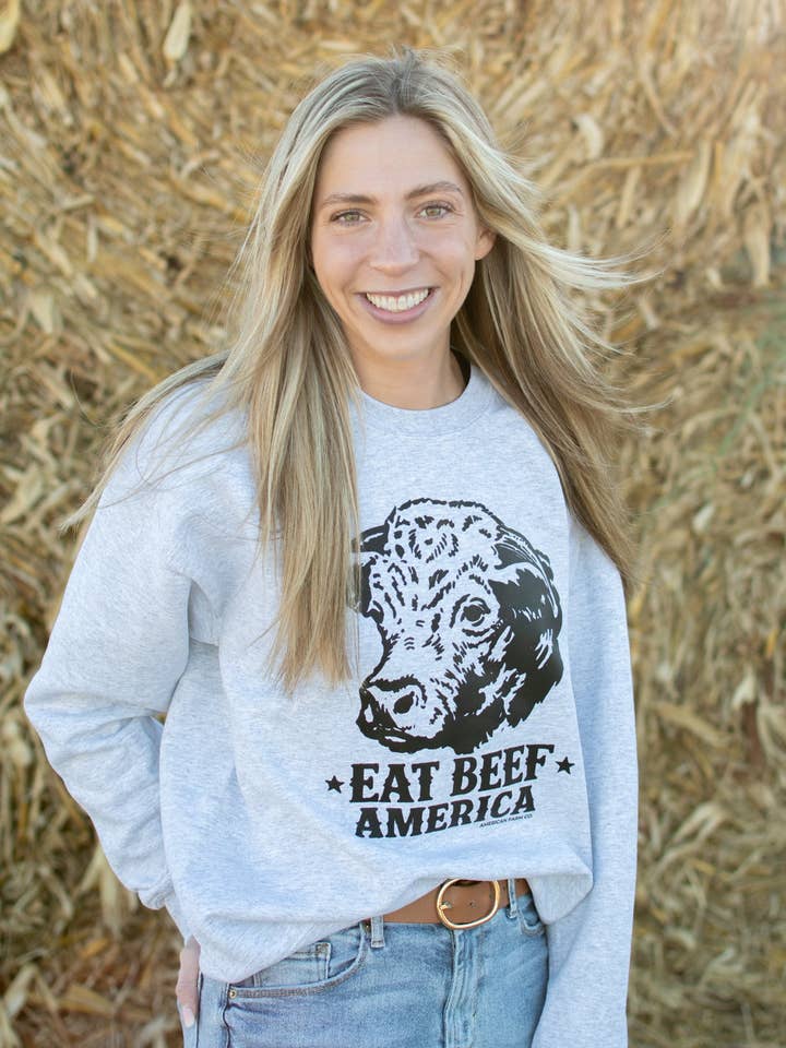 Hereford 'Eat Beef America' Ash Graphic Crewneck for wholesale by American Farm Company