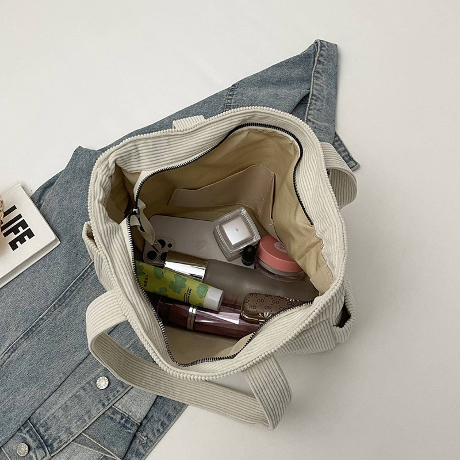 wandf - Wholesale Shoulder Bag - Women's - Casual Solid Color Corduroy Zippered Shoulder Bag Tote9