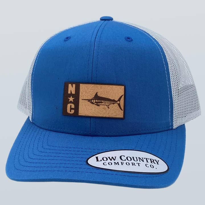 North Carolina Marlin Leather Patch Hat Steel Blue/Silver for wholesale by Riverbed Threads