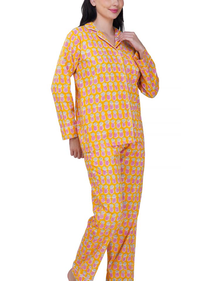 Purple Mohar - Wholesale Sleepwear Set - Women's - Tropical Bliss: 3-Piece Yellow Pink Pineapple Pajama Set