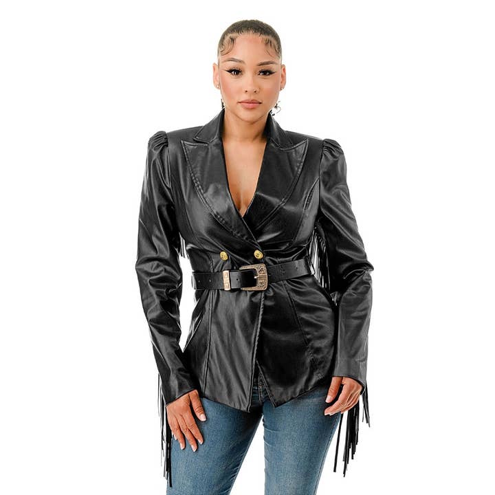 DORCAS - Wholesale Leather Jacket - Women's - PLUS FRINGE DETAIL LONG SLEEVE JACKET WITH BELT