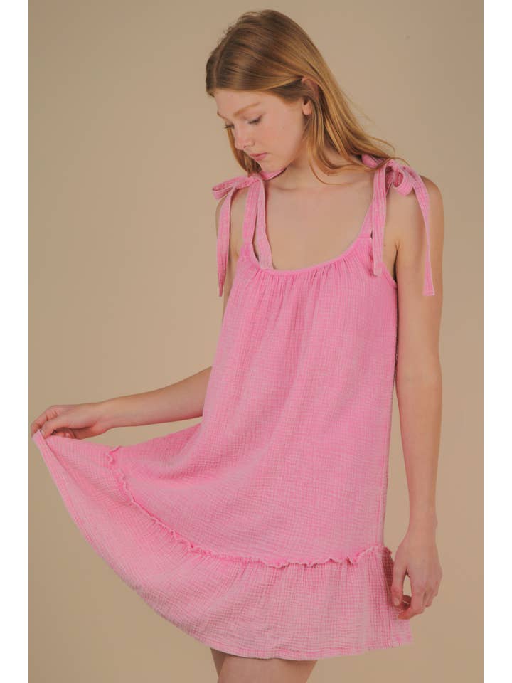 VERY J - Wholesale Dress - Women's - ND31743-Mineral Washed Shoulder Tie Mini Dress
