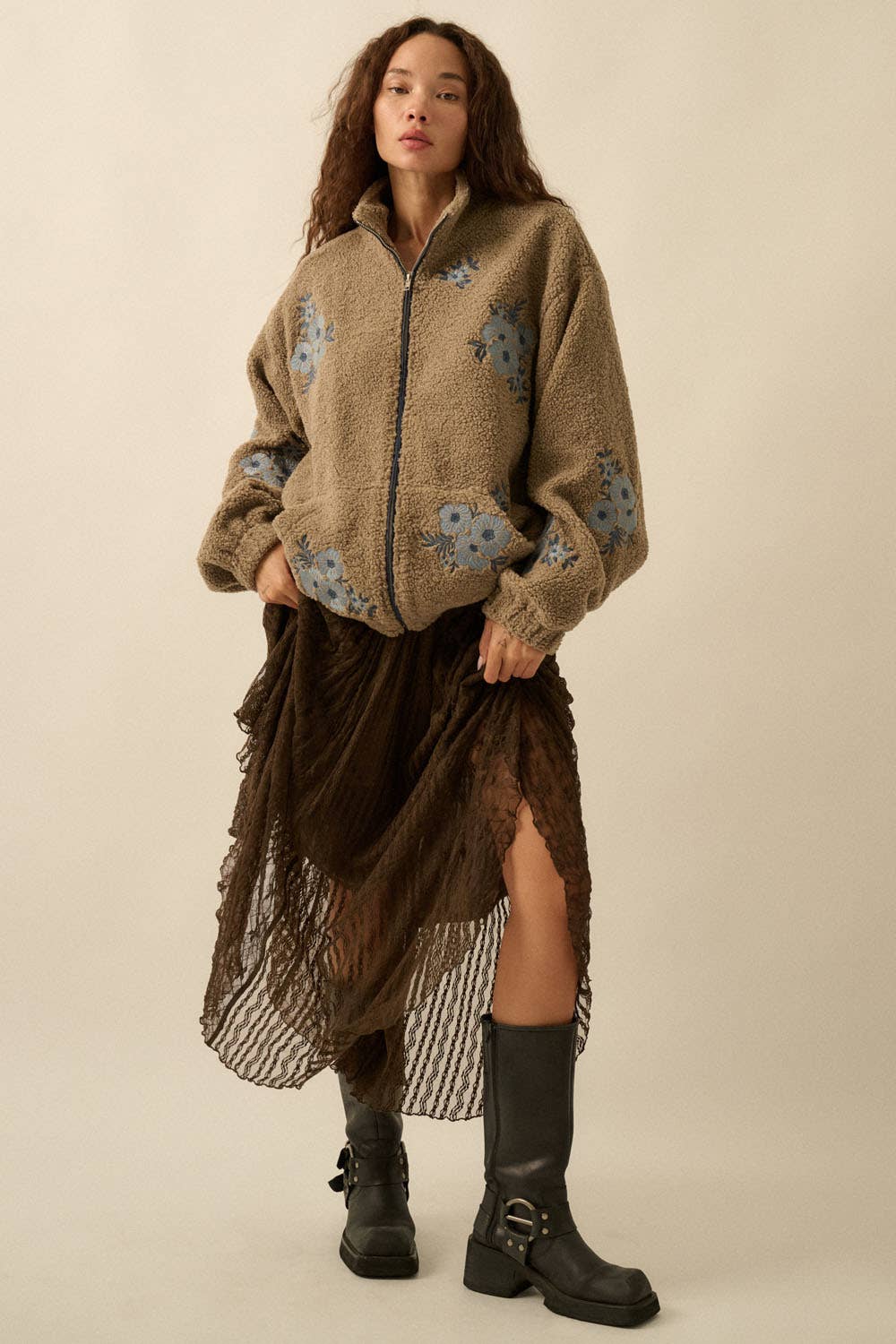 Promesa USA - Wholesale Jacket - Women's - Floral-Embroidered Sherpa Fleece Zip-Up Jacket8