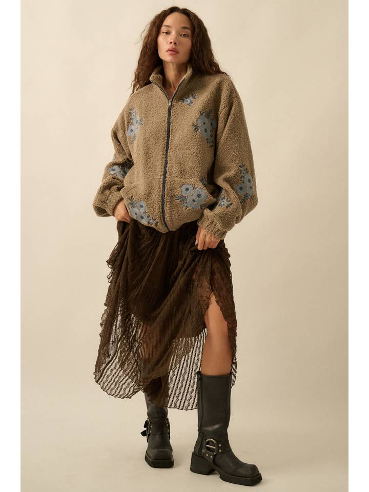 Promesa USA - Wholesale Jacket - Women's - Floral-Embroidered Sherpa Fleece Zip-Up Jacket8