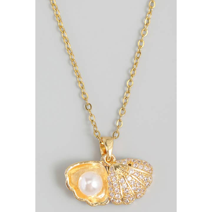 Halskæde med vedhæng af rustfrit stål, CZ og perlemusling for engroshandel hos Girly