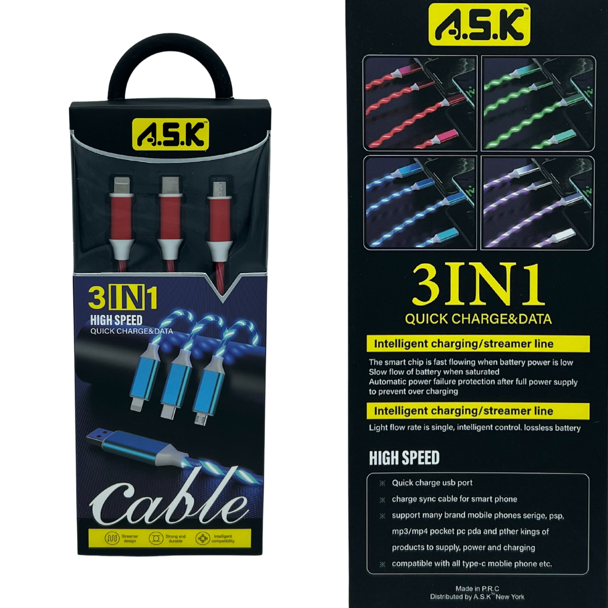 K & S WHOLESALE INC - Wholesale Charging Cable - A.S.K LED 3 in 1 Charging Cable with Multiport Device 48 CT1