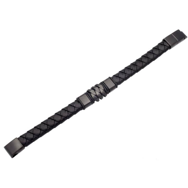 Blackjack Mens Jewelry - Wholesale Woven/Braided Bracelet - Black Leather & S.Steel Bracelet