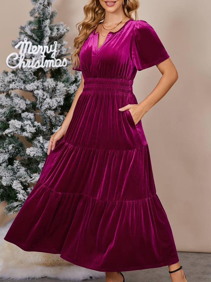 Aapparella - Wholesale Dress - Women's - Chic Velvet Shirred Waist Tiered Fall Maxi Dress | S-XL