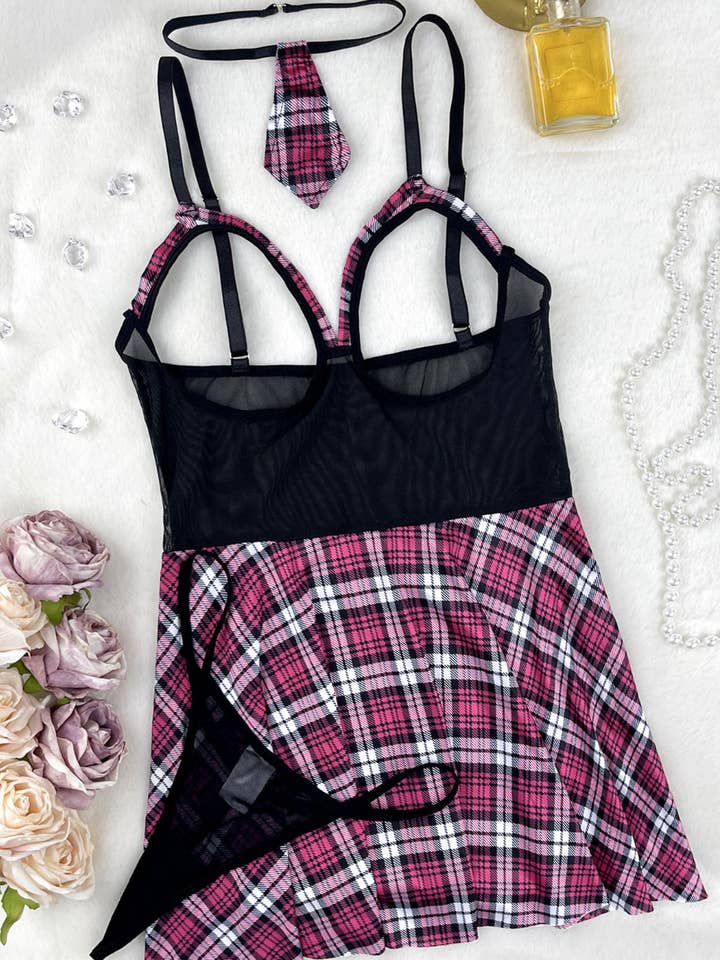 Ladies Spicy Plaid Print 4PCS Costume Chemise Set SKLG4055 for wholesale by Sweetkama