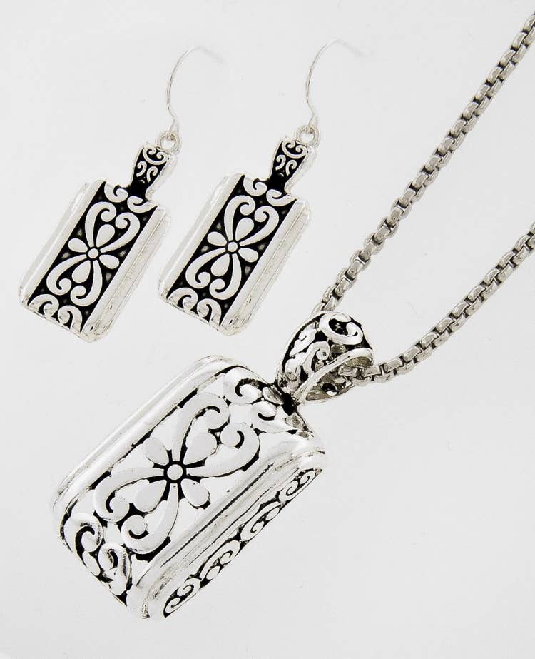 0011 PREMIERE - Wholesale Jewelry Set - FR5533 Filigree Cutout Rectangle Metal Necklace Set1