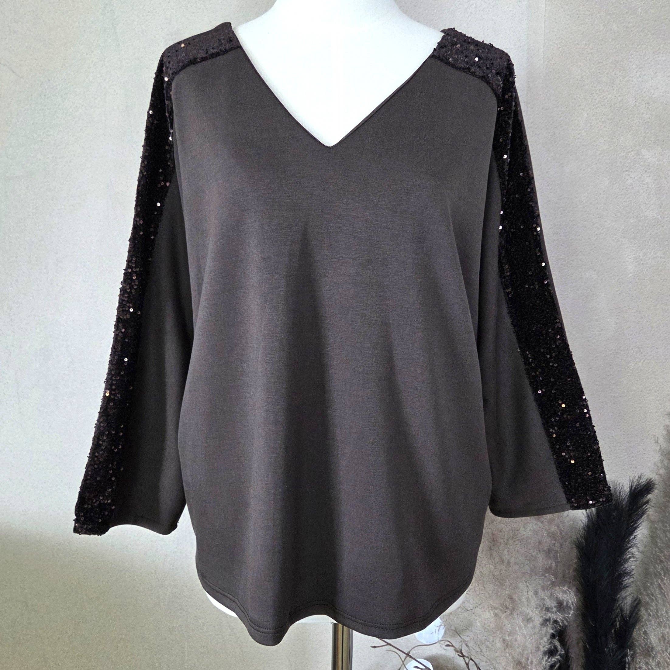 Tempest Designs - Wholesale Blouse - Women's - Soft scuba fabric dressy V-neck top with sequin detail on arms and bow on back (M)1