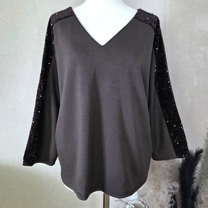 Tempest Designs - Wholesale Blouse - Women's - Soft scuba fabric dressy V-neck top with sequin detail on arms and bow on back (M)1