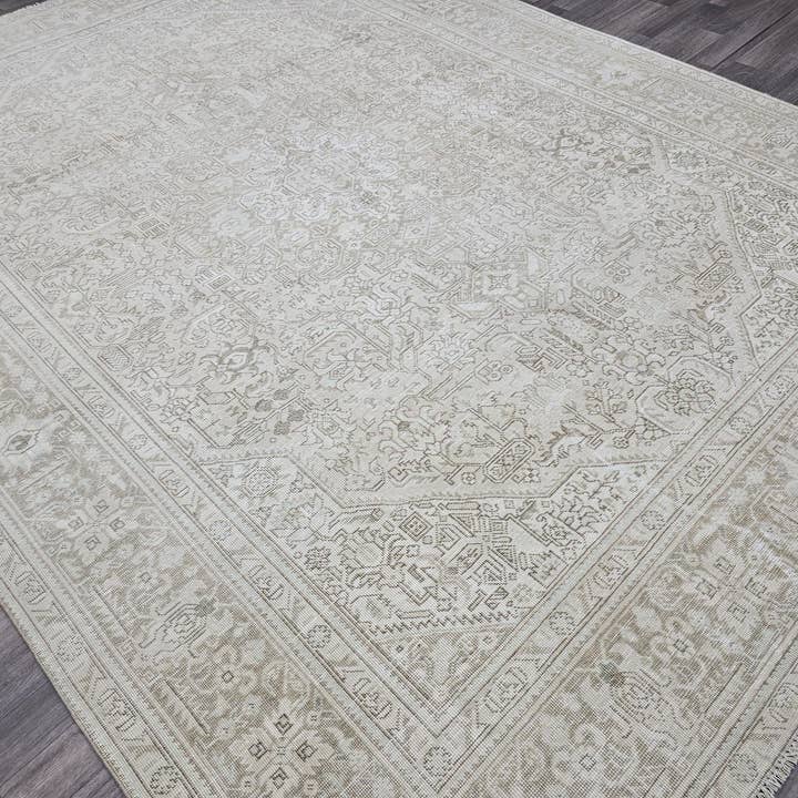 Vintage Neutral Wool Rug: 9.30x12.25 ft, Hand-Woven Distressed Turkish Carpet for wholesale by MesopotamiaRugs