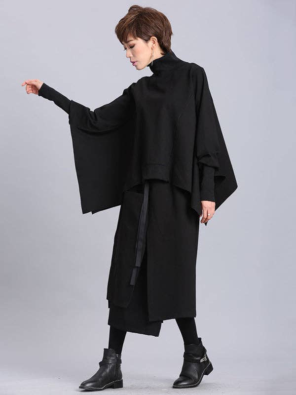 BLACK Solid Color Asymmetric High-Neck Loose Batwing Sleeve Sweatshirt for wholesale on Faire