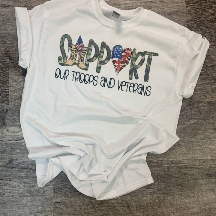 Support Our Troops & Veterans on White Tee for wholesale by RMN Wholesale